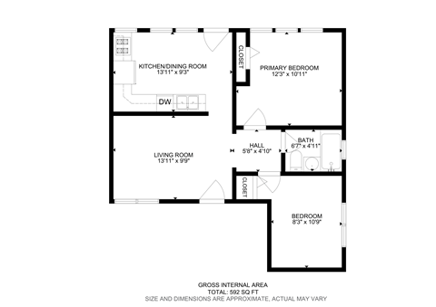 Floor plan for 2 beds, 1 bath, 592 sqft